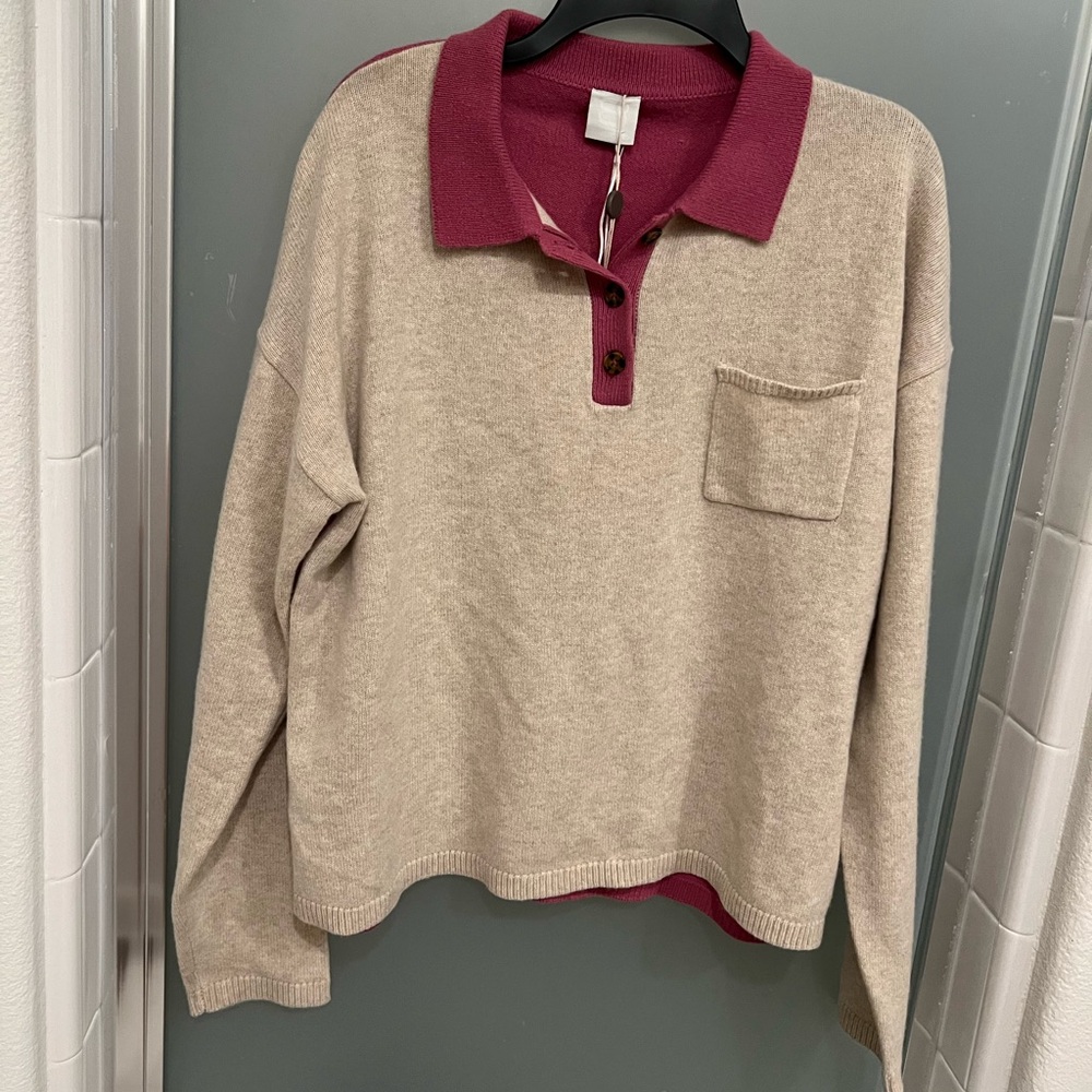 NEW Wool blend beige purple collared sweater